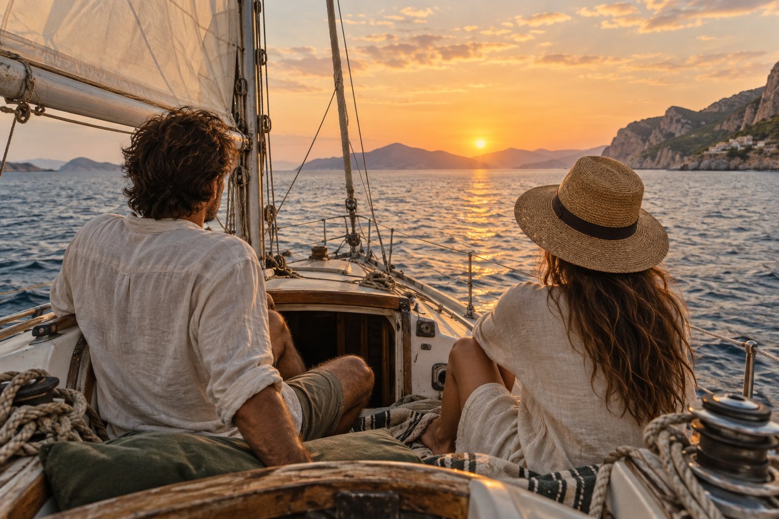 Two travellers sharing a sailing journey at sunset